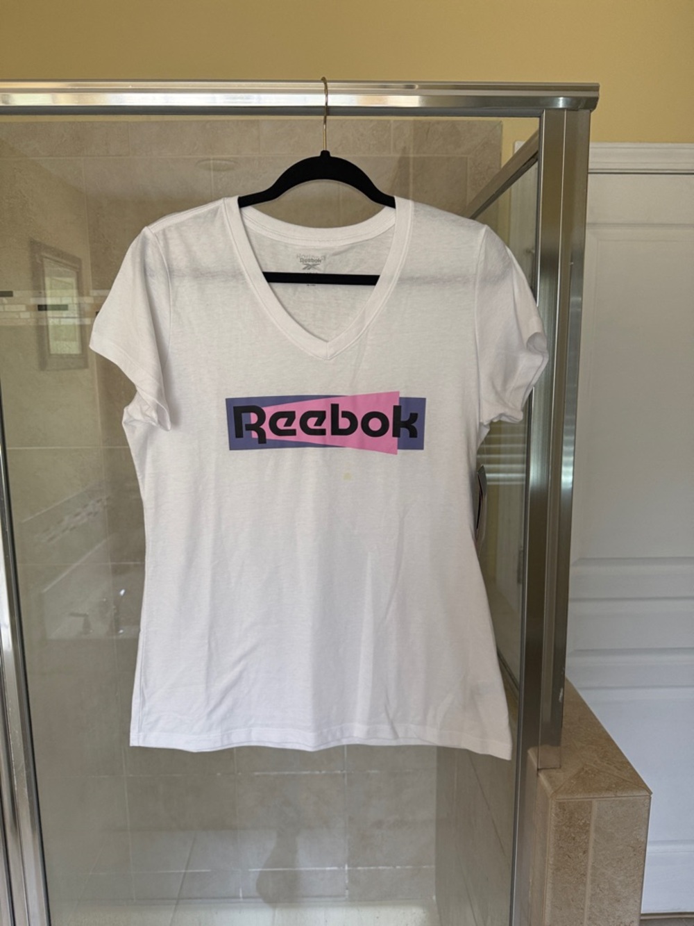 Reebok White V-Neck Tee with Pink & Purple Logo Panel- Size Large
